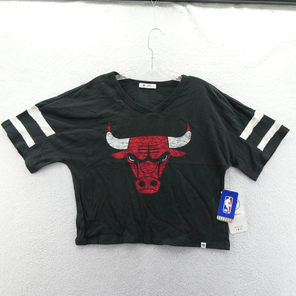 '47 Brand Shirt Womens Small Chicago Bulls Black V-Neck Cropped Cotton NBA Top